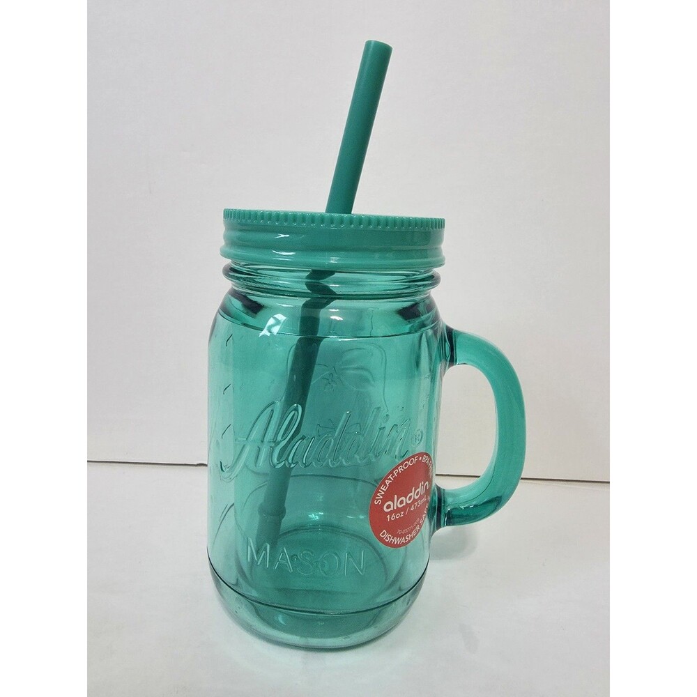 Aladdin Insulated Mason Jar Tumbler/Mug W/ Straw Green 16oz